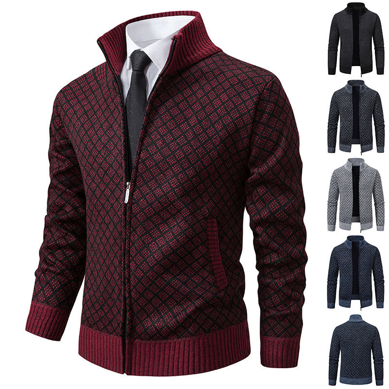 Thickened Plaid Print Cardigan Fashion Slim Fit Zipper Stand Collar Sweater Winter Men's Casual Long Sleeve Knitted Top Clothing