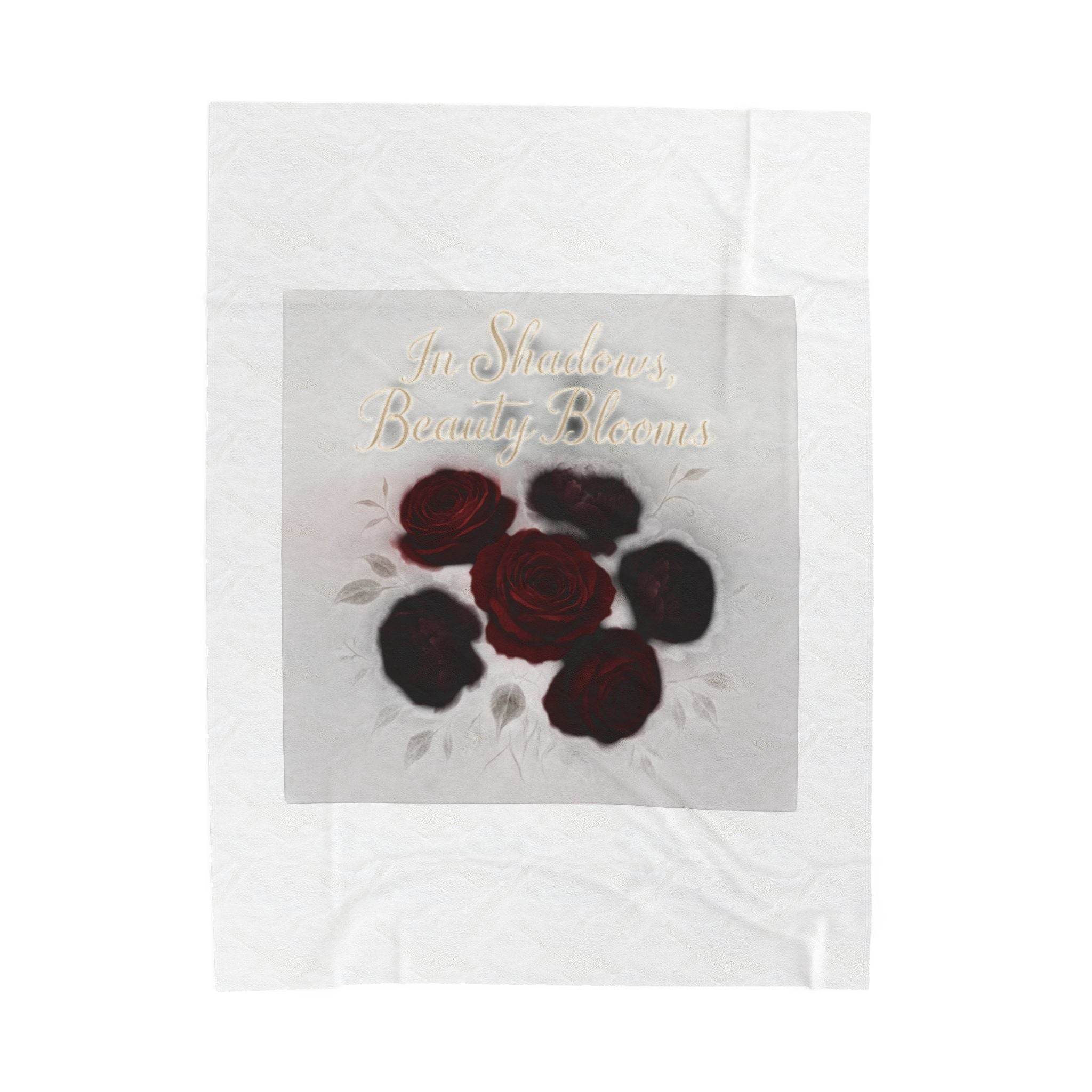 Velveteen Plush Blanket — 'In Strength Beauty Blooms' Dark Red Rose Throw