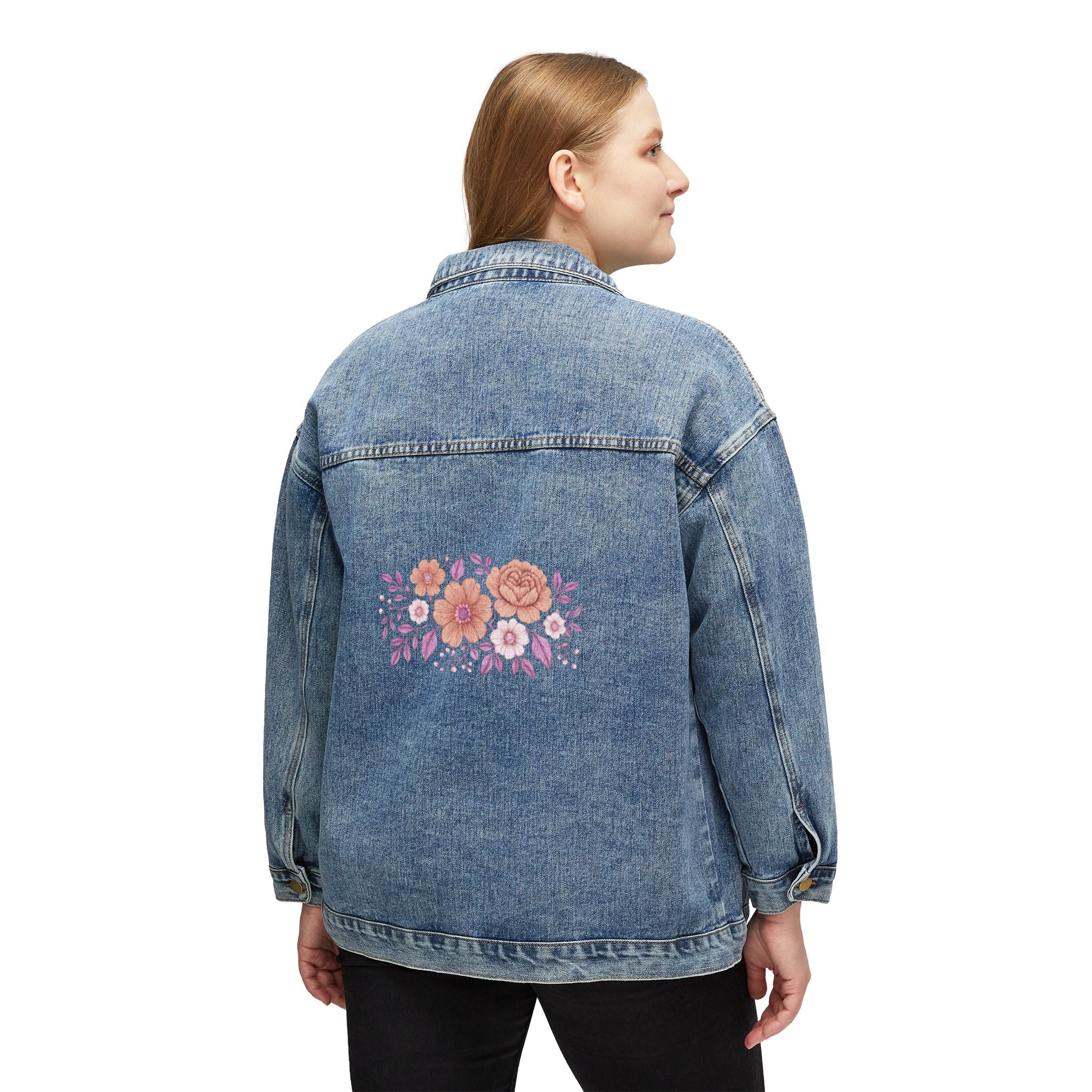 Women's Denim Jacket with Pink Floral Back Embroidery — Casual Boho Jean Jacket