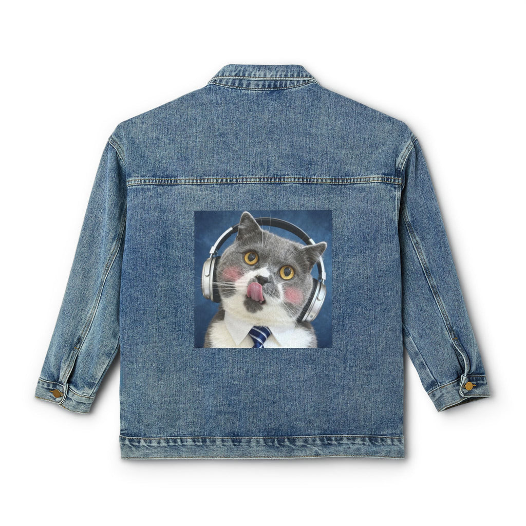 Women's Denim Jacket — Cute Headphone Cat Graphic Back Patch