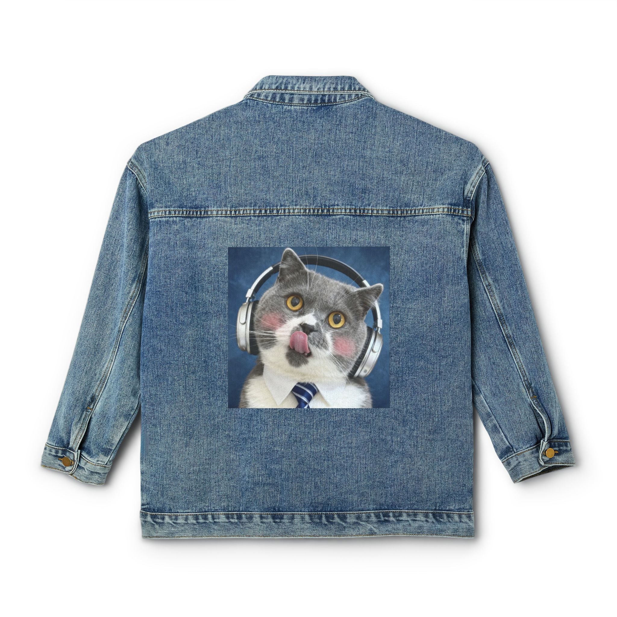 Women's Denim Jacket — Cute Headphone Cat Graphic Back Patch