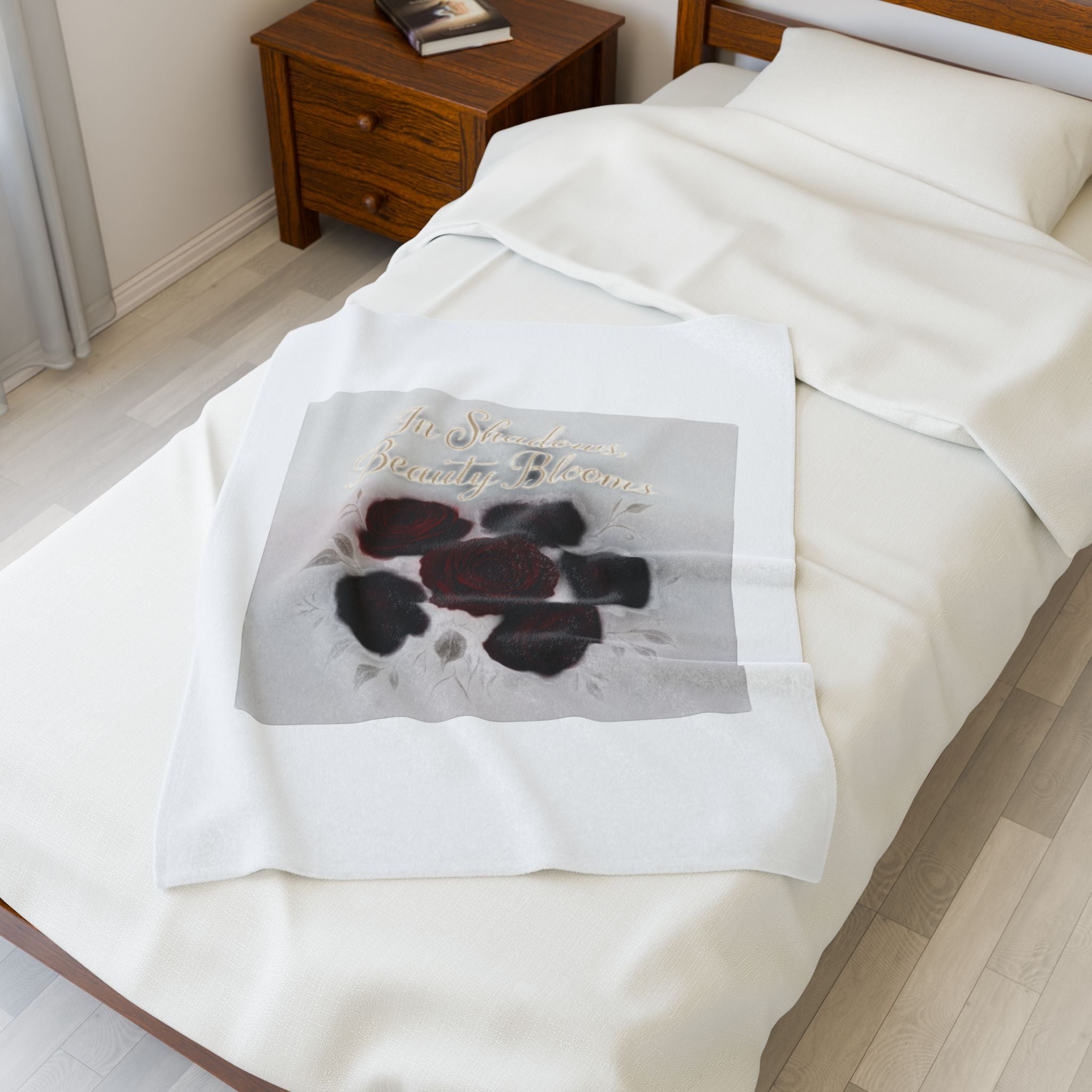 Velveteen Plush Blanket — 'In Strength Beauty Blooms' Dark Red Rose Throw