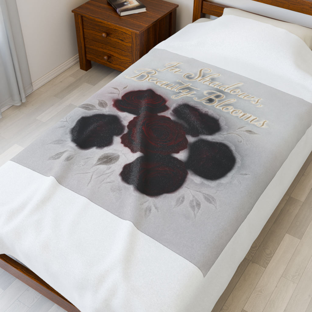 Velveteen Plush Blanket — 'In Strength Beauty Blooms' Dark Red Rose Throw