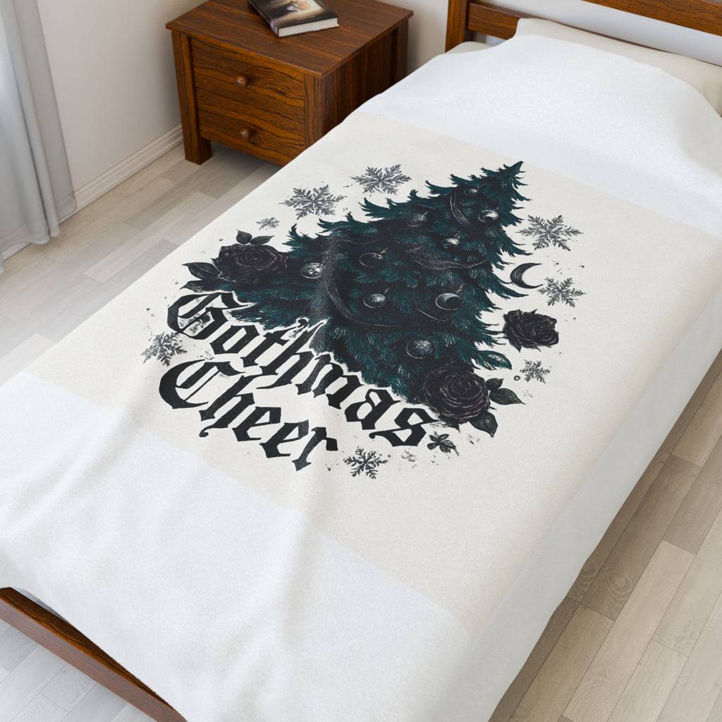 Gothmas Cheer Velveteen Plush Blanket — Gothic Christmas Tree Holiday Throw