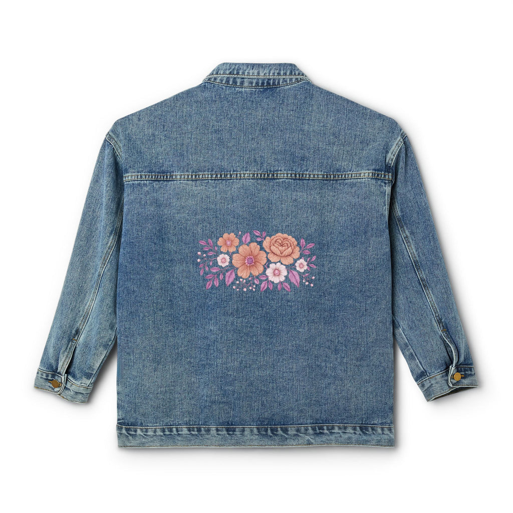 Women's Denim Jacket with Pink Floral Back Embroidery — Casual Boho Jean Jacket