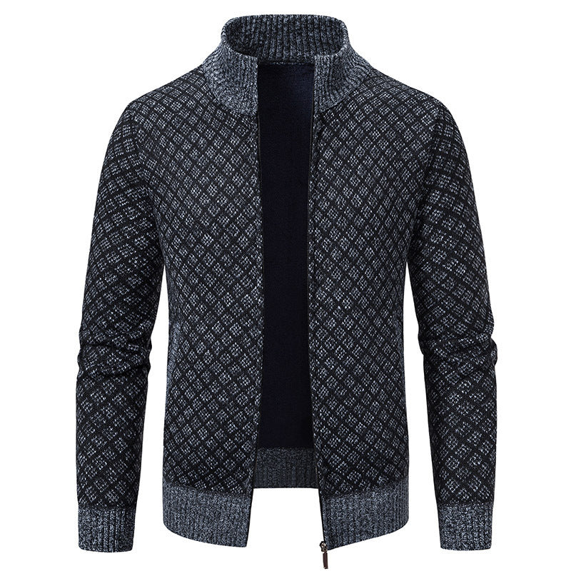 Thickened Plaid Print Cardigan Fashion Slim Fit Zipper Stand Collar Sweater Winter Men's Casual Long Sleeve Knitted Top Clothing