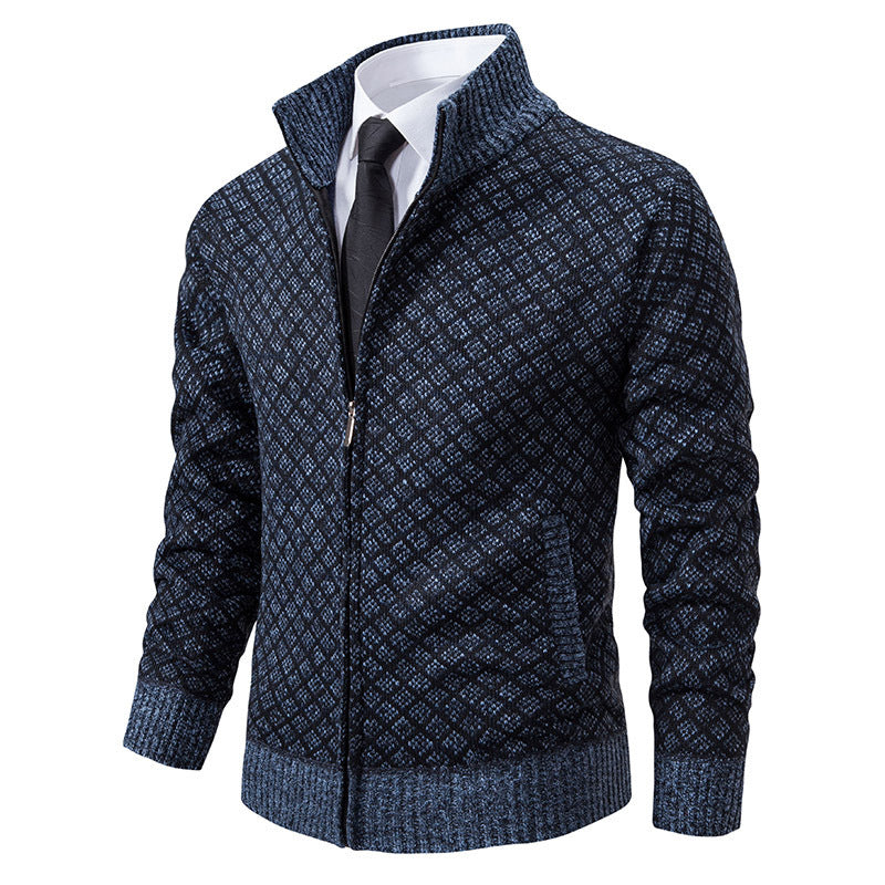 Thickened Plaid Print Cardigan Fashion Slim Fit Zipper Stand Collar Sweater Winter Men's Casual Long Sleeve Knitted Top Clothing