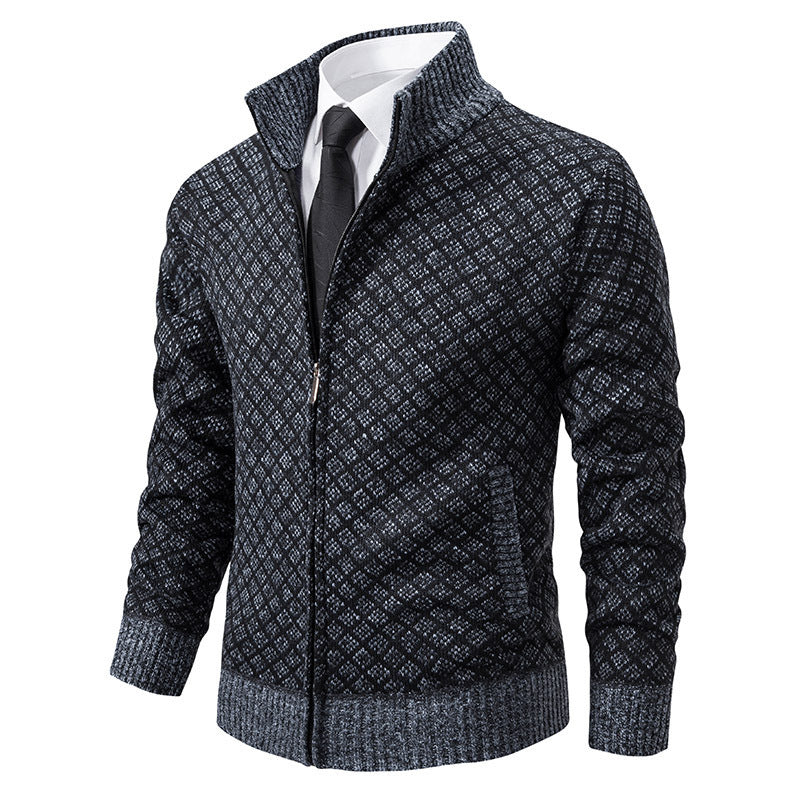 Thickened Plaid Print Cardigan Fashion Slim Fit Zipper Stand Collar Sweater Winter Men's Casual Long Sleeve Knitted Top Clothing