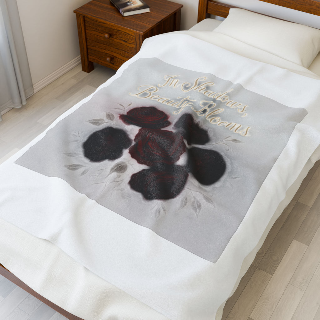 Velveteen Plush Blanket — 'In Strength Beauty Blooms' Dark Red Rose Throw