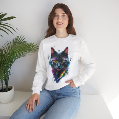 Cat Portrait Sweatshirt — Colorful Neon Tabby Graphic Crewneck for Men and Women