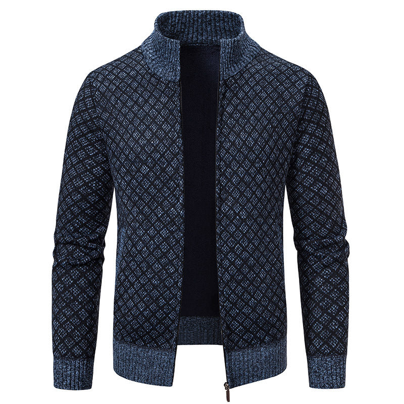Thickened Plaid Print Cardigan Fashion Slim Fit Zipper Stand Collar Sweater Winter Men's Casual Long Sleeve Knitted Top Clothing