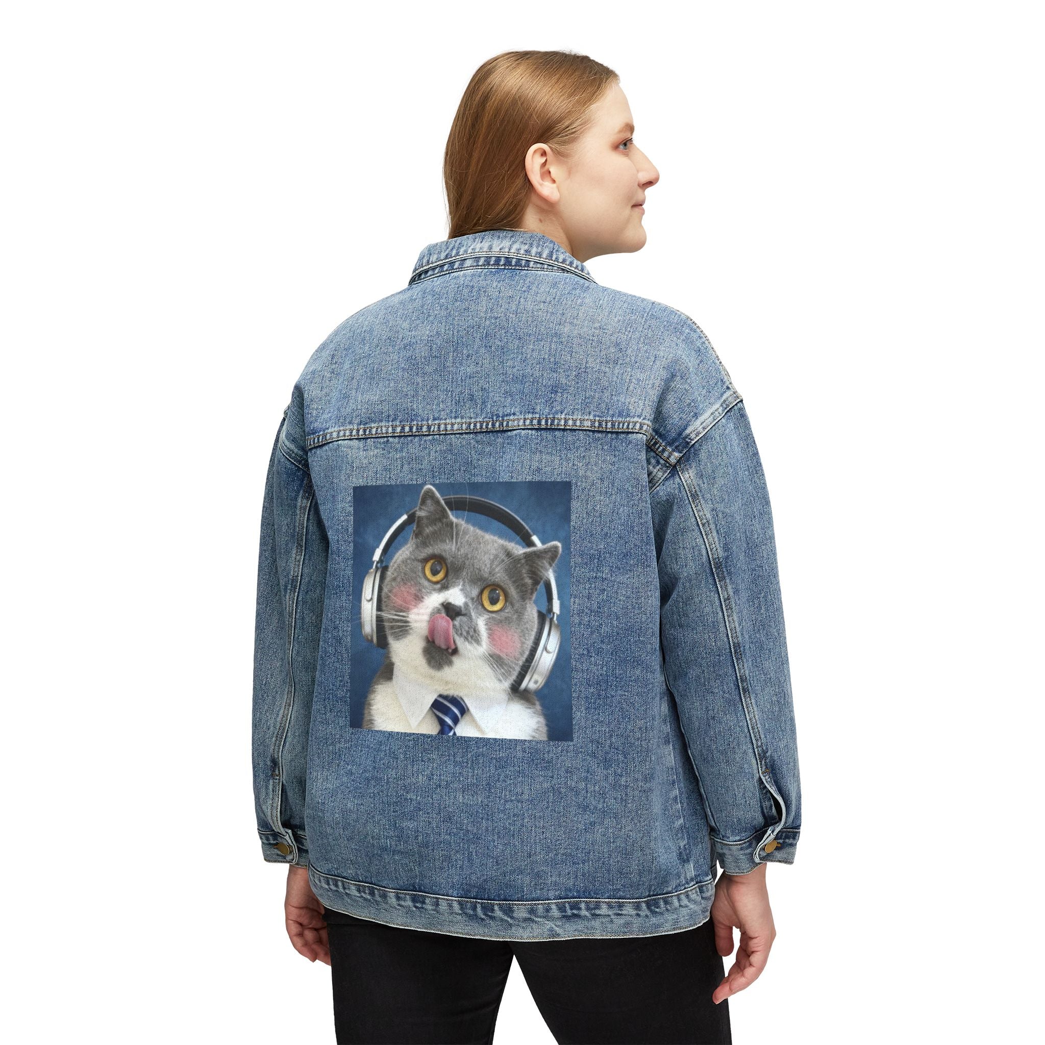 Women's Denim Jacket — Cute Headphone Cat Graphic Back Patch