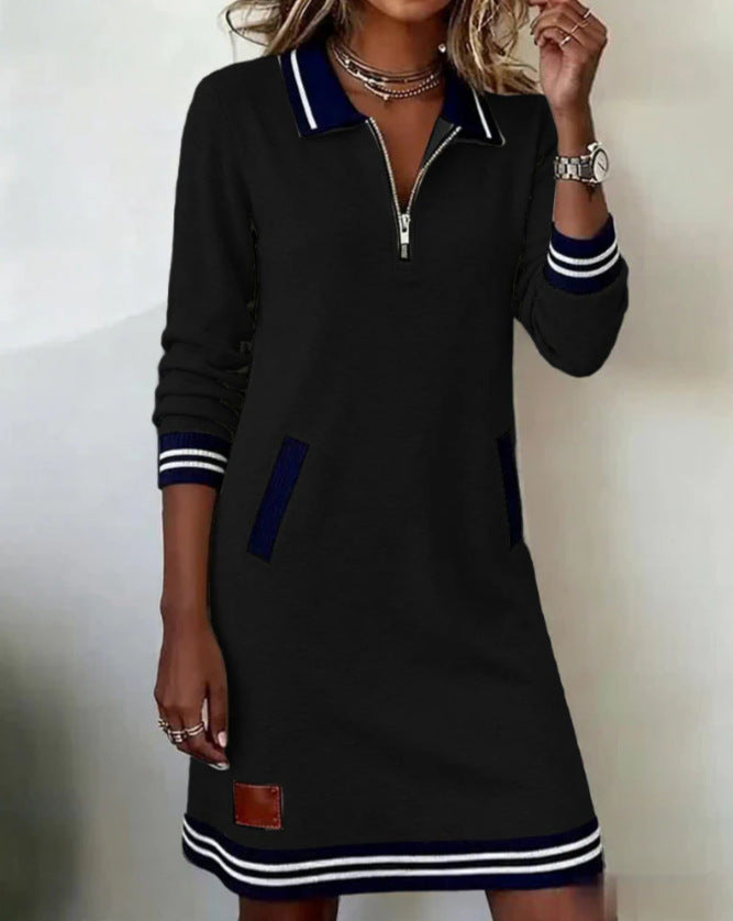 European And American Autumn New Fashion Lapel Zipper Long Sleeve Color Block Pocket Dress