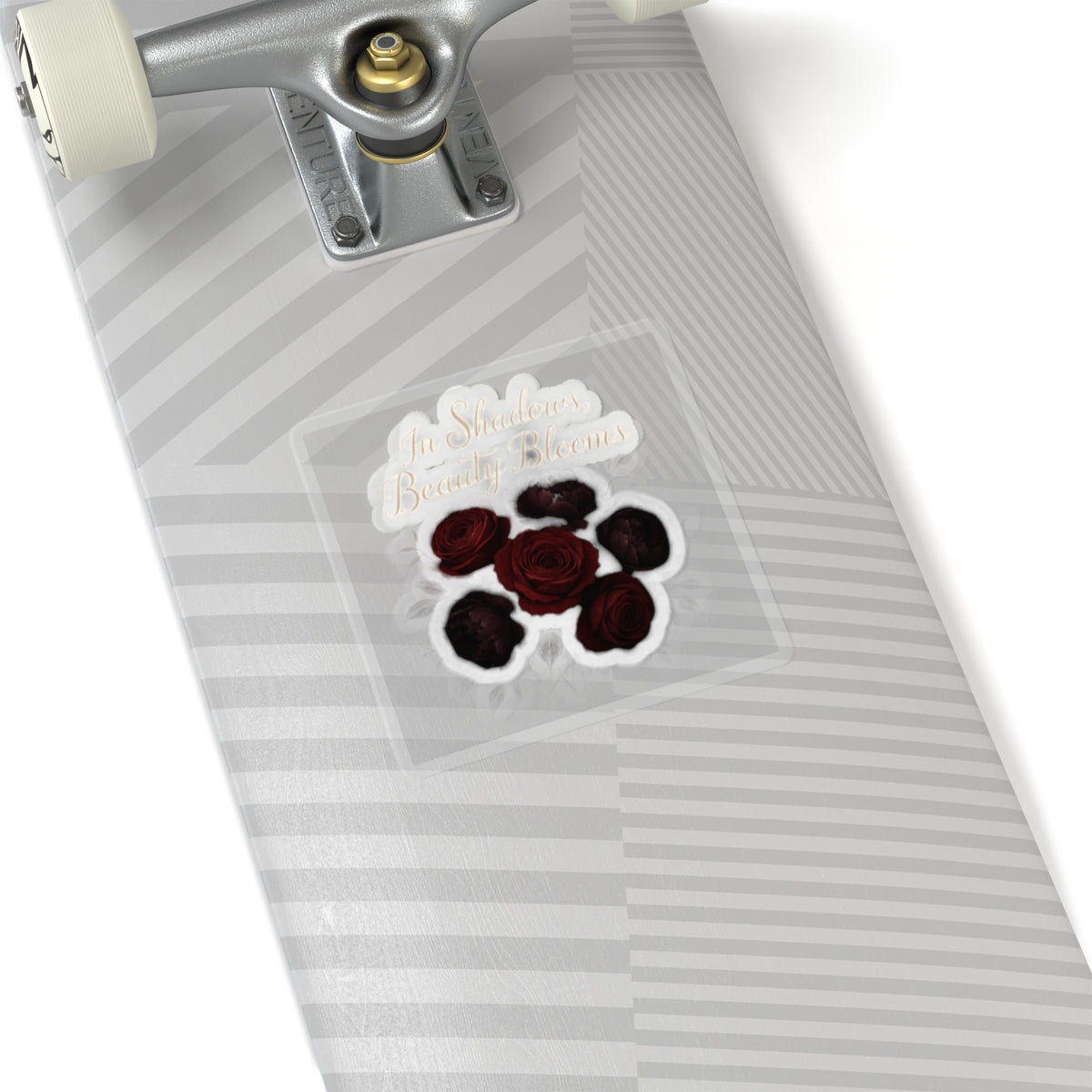 Kiss-Cut Sticker — Dark Red Roses with Gold Script "In Shadows Beauty Blooms"