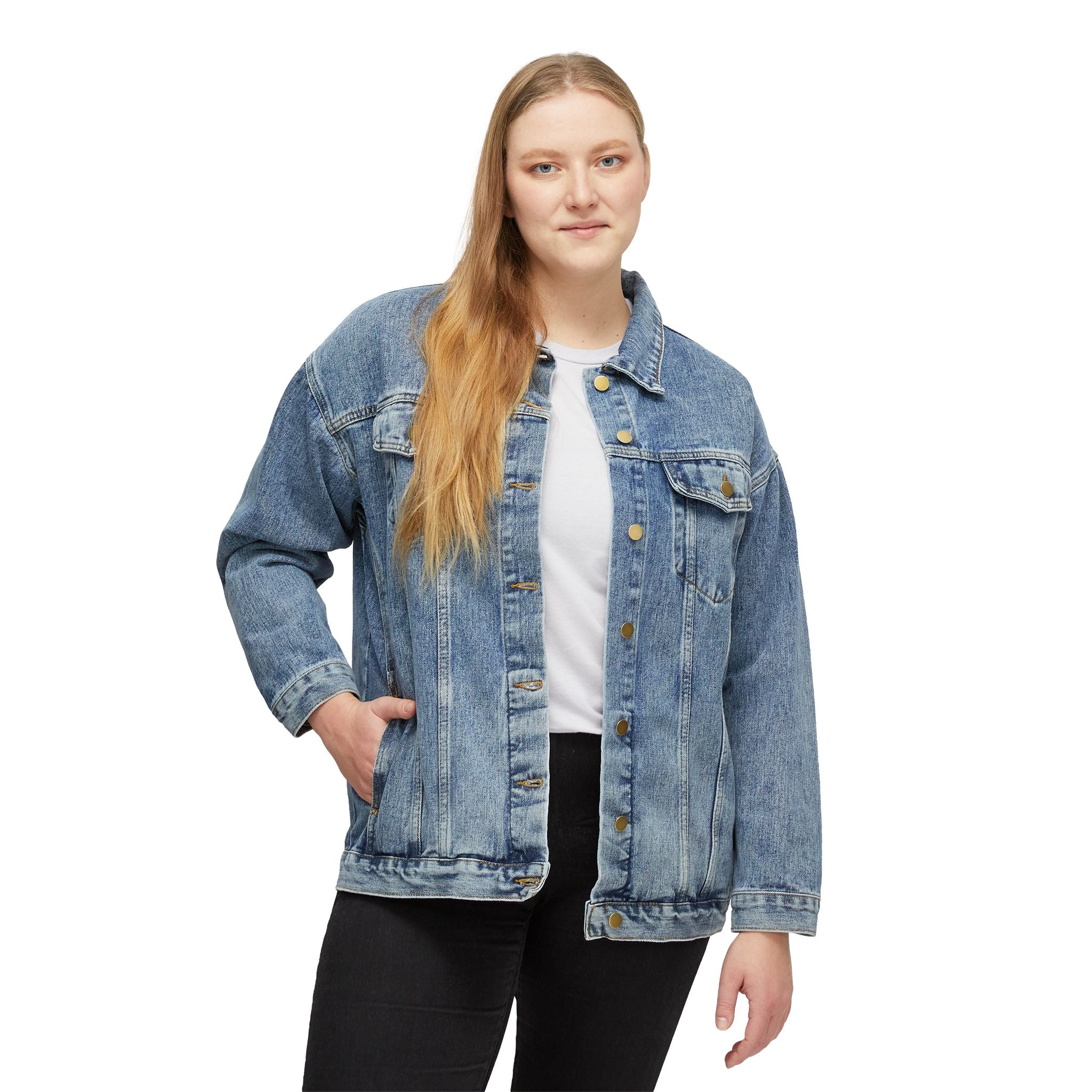 Women's Denim Jacket with Pink Floral Back Embroidery — Casual Boho Jean Jacket