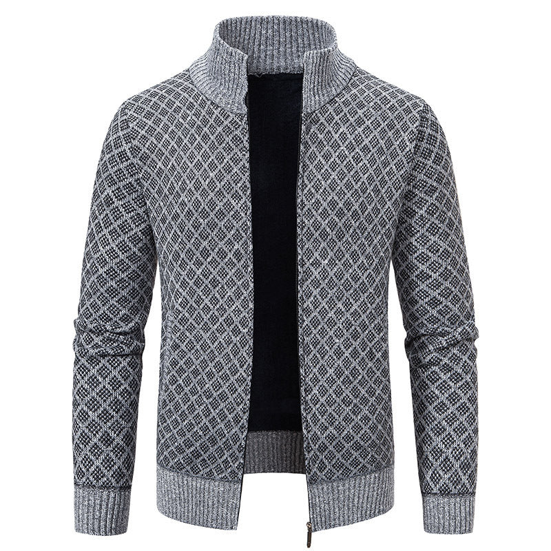 Thickened Plaid Print Cardigan Fashion Slim Fit Zipper Stand Collar Sweater Winter Men's Casual Long Sleeve Knitted Top Clothing