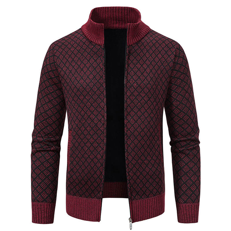 Thickened Plaid Print Cardigan Fashion Slim Fit Zipper Stand Collar Sweater Winter Men's Casual Long Sleeve Knitted Top Clothing