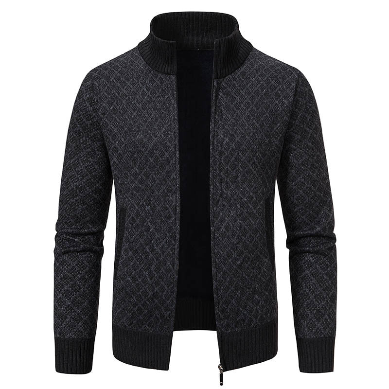 Thickened Plaid Print Cardigan Fashion Slim Fit Zipper Stand Collar Sweater Winter Men's Casual Long Sleeve Knitted Top Clothing