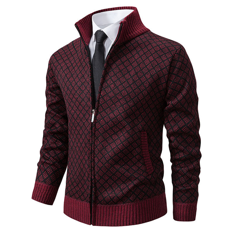 Thickened Plaid Print Cardigan Fashion Slim Fit Zipper Stand Collar Sweater Winter Men's Casual Long Sleeve Knitted Top Clothing